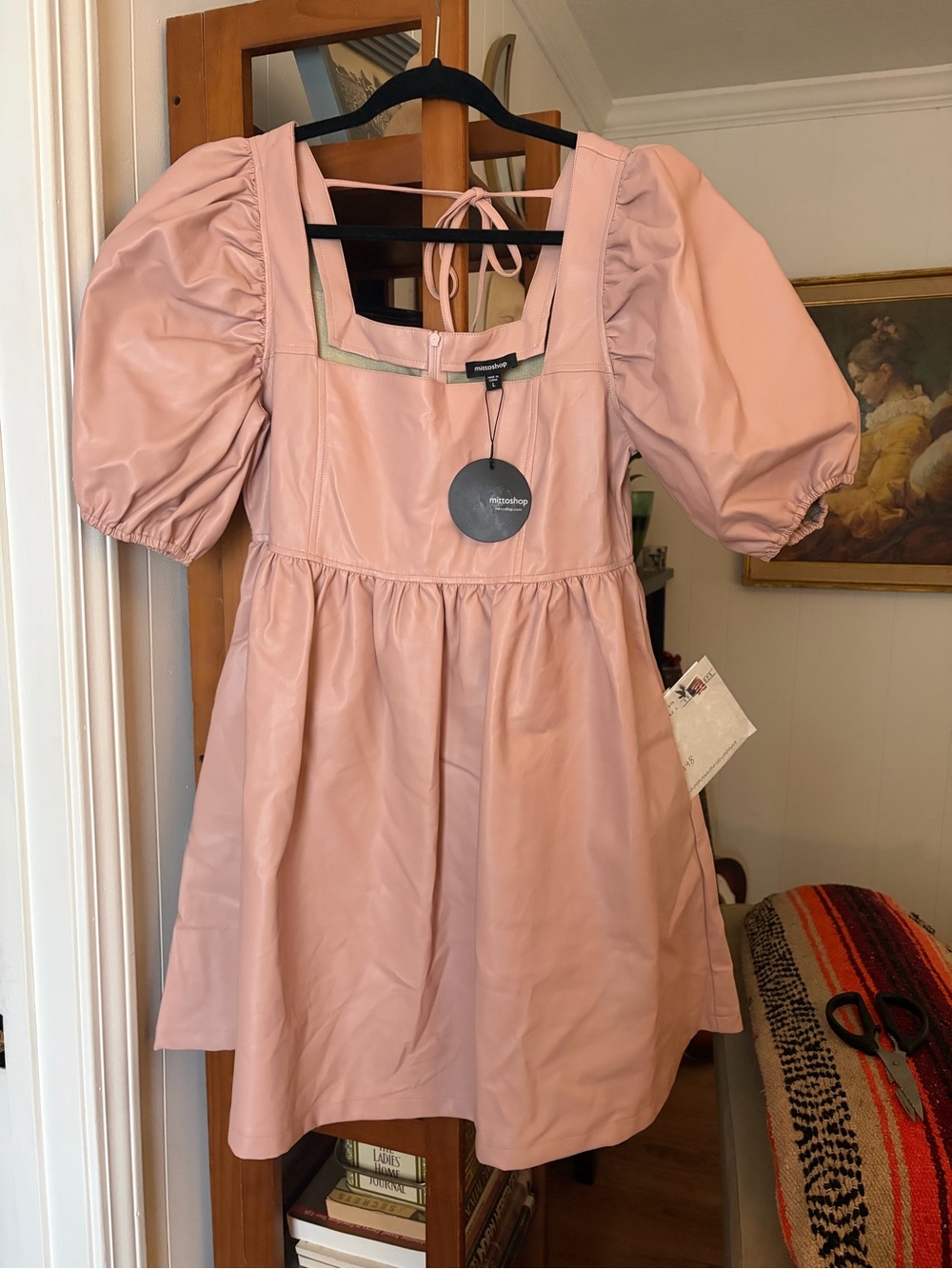 mittoshop Pink Puff-Sleeve Faux-Leather Midi Dress